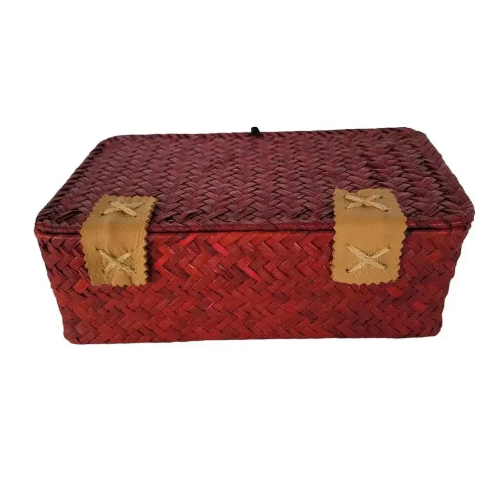 Vintage Wicker Storage Box with Lid Red Woven Keepsake Memory Box Home Decor